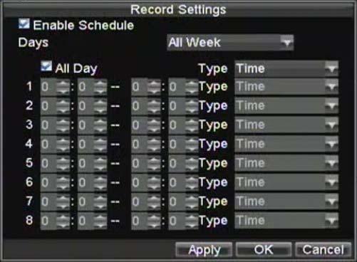 Figure 6. Schedule Settings 12. Click the Edit button. This will open up a new recording schedule, shown in Figure 7. 13. Check both the Enable Schedule and All Day checkbox.