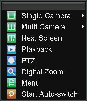 Playback: Enter into Playback mode. PTZ: Enter PTZ Control mode. Digital Zoom: Enter Digital Zoom interface. Menu: Enter Main menu.