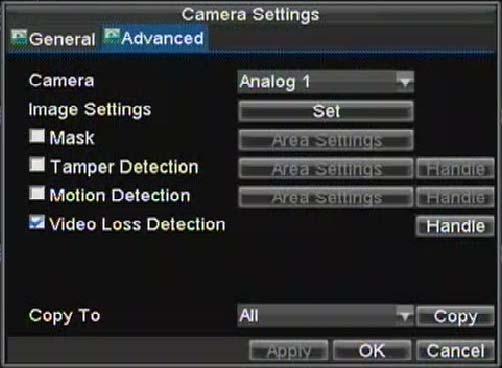 To setup video loss detection: 1. Enter Camera Settings menu by clicking Menu > Setting > Camera. 2. Select camera under Channel # to configure video loss detection for and click the Set button. 3.