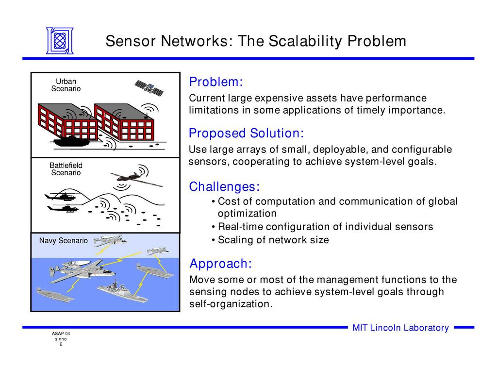 Sensor Networks: The Scalability Problem Urban Scenario Battlefield Scenario Navy Scenario 2 - - Problem: Current large expensive assets have performance limitations in some applications of timely