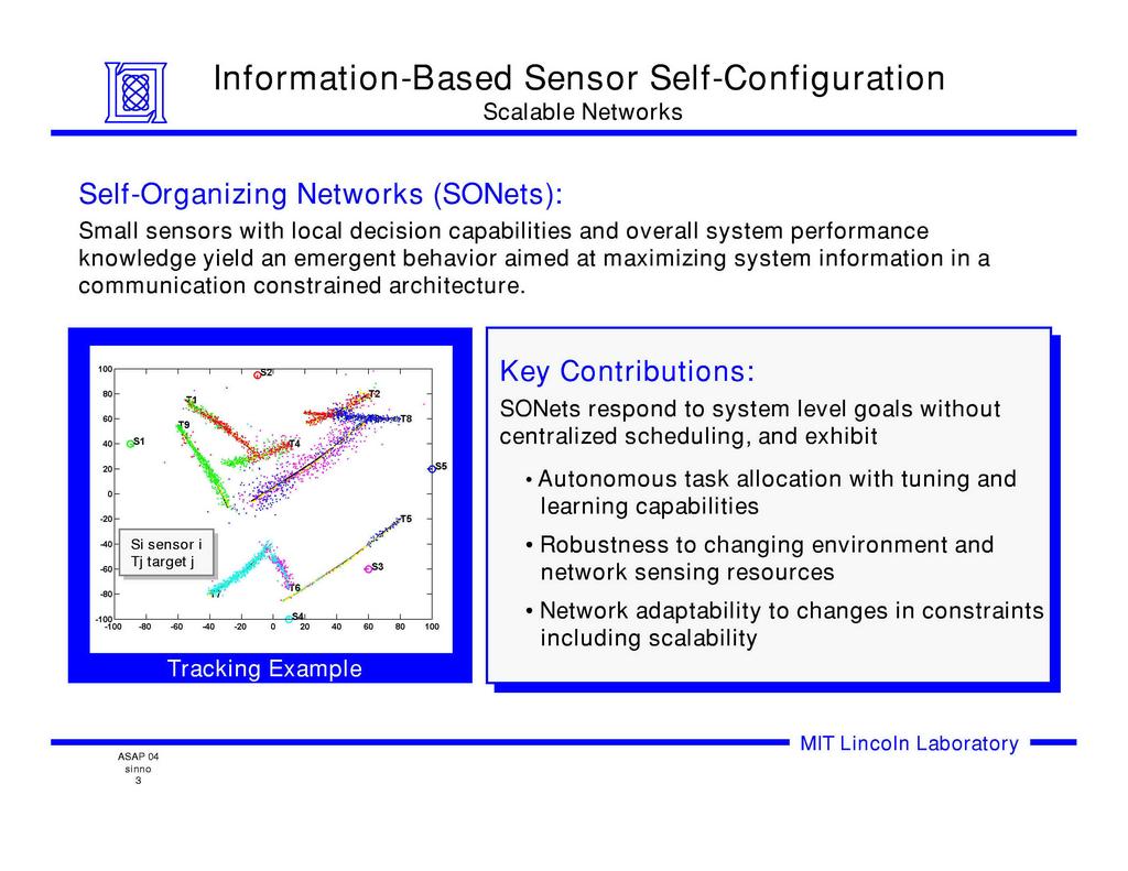 Information-Based Sensor Self-Configuration Scalable Networks Self-Organizing Networks (SONets): Small sensors with local decision capabilities and overall system performance knowledge yield an