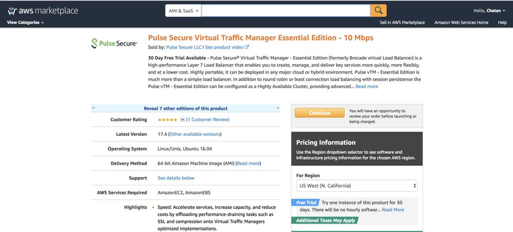 Search and select Pulse Secure vtm in AWS Marketplace. Figure 21: AWS Marketplace > Pulse Secure vtm 2.