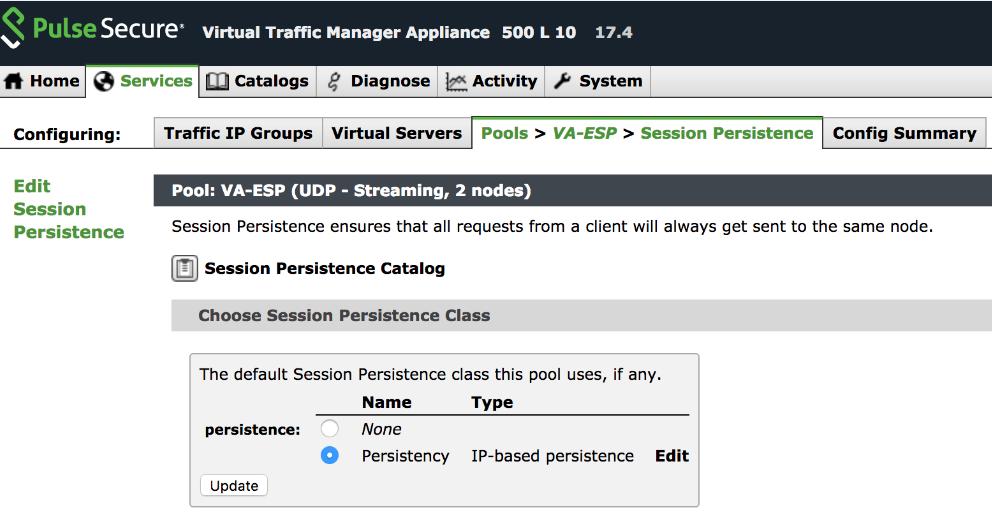 Choose an IP-based Session Persistence Class In the Services tab, select Pools. In the pool edit page, locate the Session Persistence section and enable the Session Persistence class.