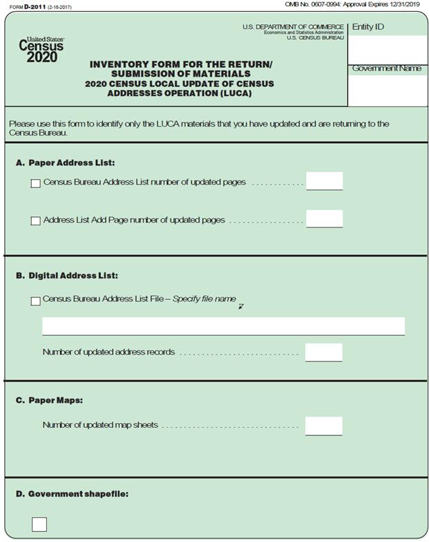 Accompanying paperwork Inventory Form for the Return/Submission of LUCA Updated Materials (D-2011).