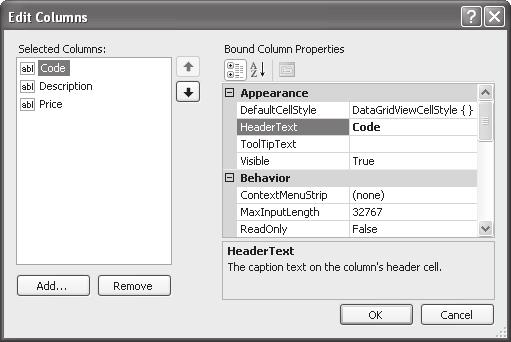 Chapter 14 How to use data sources with databases (part 1) 439 The dialog box for editing the columns of a DataGridView control Common properties of a column Property Description HeaderText Width