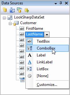 In the Data Sources window click on the LastName field Converting to Combo Box Selection - 1 Select ComboBox from the list Drag