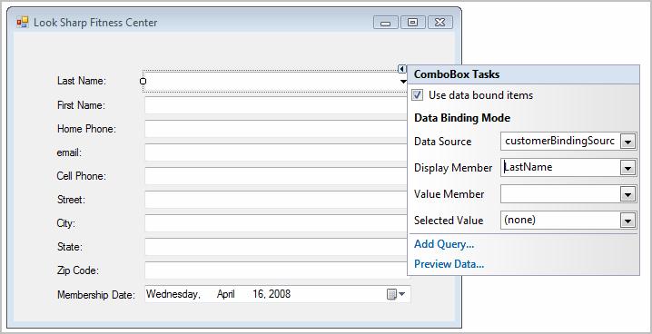 Converting to Combo Box Selection - 2 Use the combo box smart tag to set up data binding Select Use data bound items to display the