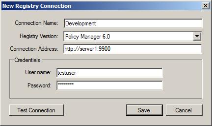 2 Enter the following in the New Registry Connection dialog box: Connection Name: A user-friendly name. Connection Address: The address of the Policy Manager location.