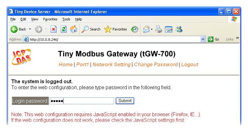 Step 3: Enter the Password After entering the IP address, the login dialog page will be displayed. Enter the password, and then click the Submit button to enter the configuration web page.