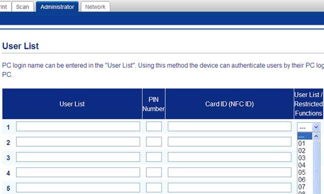 Security features Configure Secure Function Lock 3.0 Using Web Based Management 2 Set up groups with restrictions and users with a password and card ID (NFC ID).