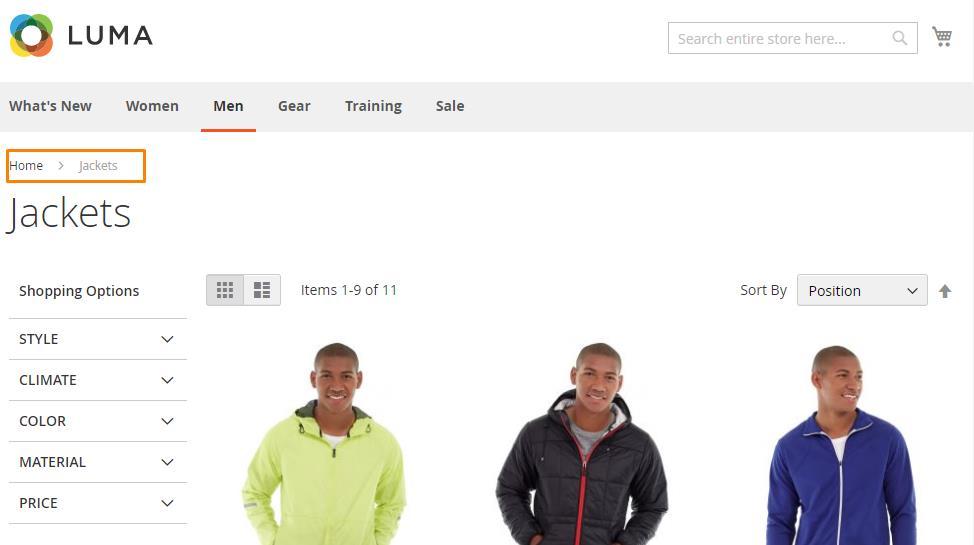 27 User Guide SEO Extension for Magento 2 Then the Breadcrumbs for Jacket will be Home => Jacket.
