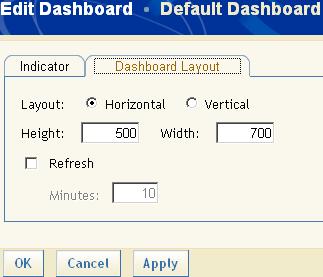 Dashboards 4 Controlling the Appearance of a Dashboard 69 5 Click the Dashboard Layout tab. 6 To change the orientation of the indicators in the dashboard, select Horizontal or Vertical.