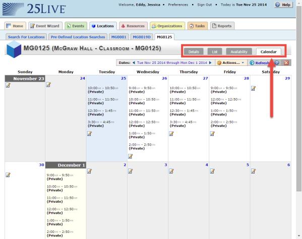 Click the Calendar tab to view the room s availability in calendar view.
