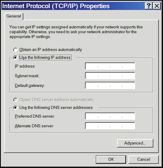 3. The Local Area Connection Properties dialog box displays. Select Internet Protocol [TCP/IP]. Click the Properties button. The Internet Protocol (TCP/IP) Properties screen displays. 4.