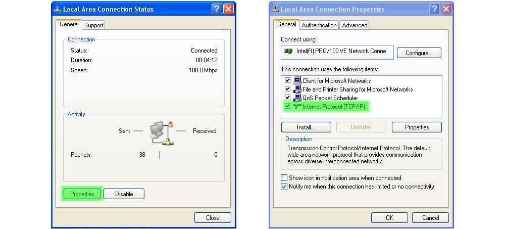 Figure 8: Local Area Connection Status and Properties dialogue boxes. 5. The Local Area Connection Properties dialogue box, as shown on the right of Figure 8, will be displayed.