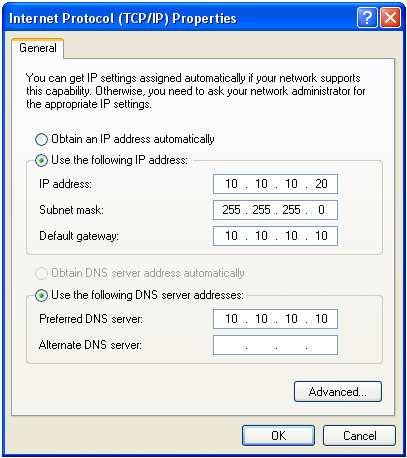 The Internet Protocol (TCP/IP) Properties dialogue box, change the settings to match those shown in Figure 9, and then click OK Figure 9: Internet Protocol (TCP/IP) Properties dialogue box showing