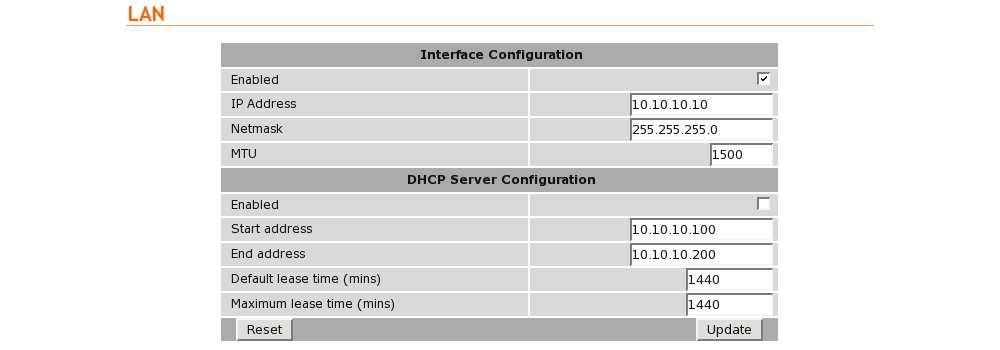 7.2 Configure the LAN interface and DHCP Server To access the configuration page for the LAN interface and DHCP Server, select Interfaces from the top level menu the LAN interface screen similar to