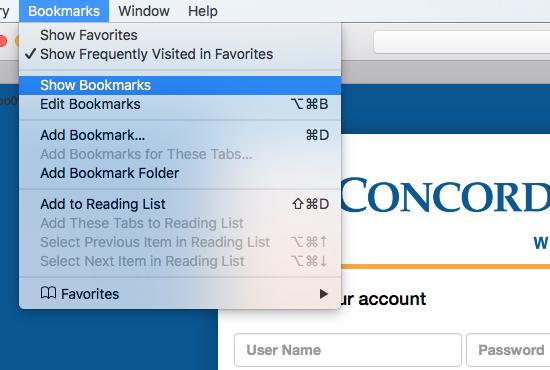 From the Portal login page click the Bookmarks option in the top toolbar.