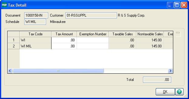 The following Tax Detail window shows how tax is calculated when the NT tax class is assigned to the Standard Gadget item.