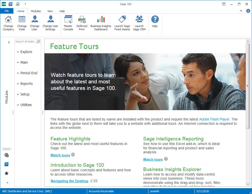 About the Desktop Web Pages Feature Tours Page From the Feature Tours page, you can watch videos that demonstrate how to perform various Sage 100 tasks such as