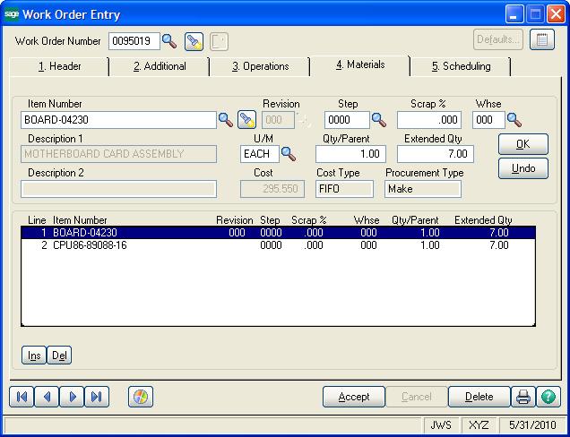 Becoming Familiar with Maintenance and Data Entry Windows Sample Work Order Line Entry Window This sample Work Order Entry window shows common line entry features shared by data entry windows in the
