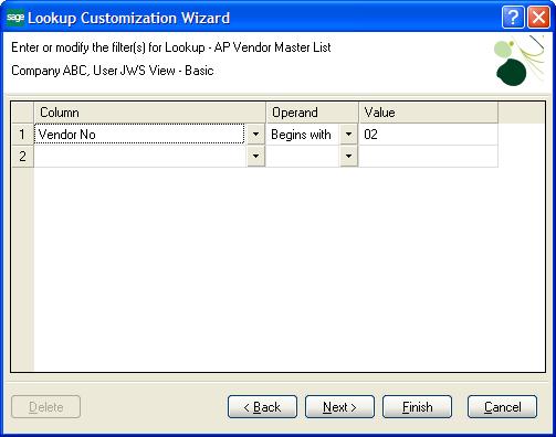 4 In the second Lookup Customization Wizard page, add, remove, modify, or reorganize the fields for the lookup view in the Selected Columns list box.