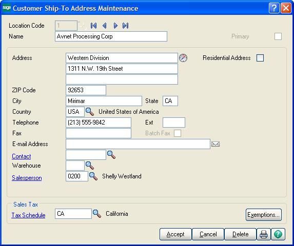 Setting Up Sales Tax Information 4 In the Tax Schedule field, enter a sales tax schedule and click Accept.