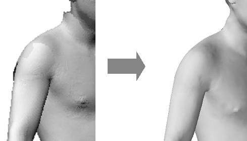 database of 964 male bodies; segmented-body reconstruction result with a mixed database of male and female bodies. Figure 11. Knit the reconstructed mesh segments to form a continuous and smooth mesh.