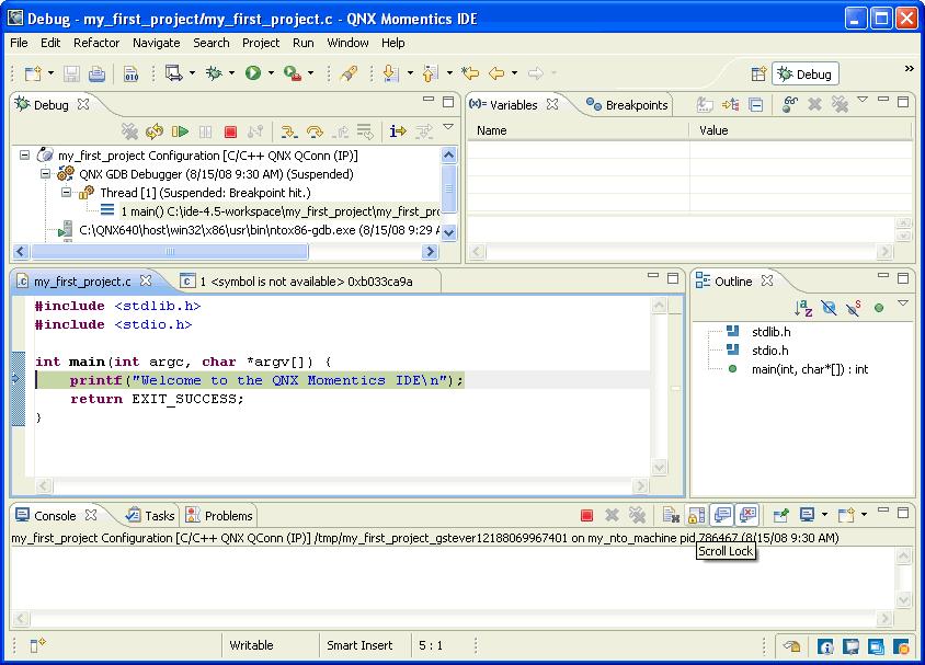 The Debug perspective. When you run or debug your application from the IDE, any input is read from the IDE's console, and any output goes to it.