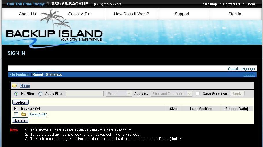 Restore Using The Backup Island Website You can restore your data from the Backup Island server by following instructions below. i. Logon to your account on the Backup Island website http://www.