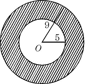 45. In the accompanying diagram, two concentric circles have radii of 9 and 5, respectively. In terms of π, the area of the shaded region is. 56π. 16π. 8π. 4π 50.