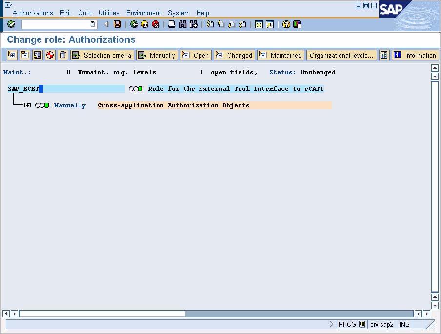 Creating an ecatt Role and User Account The Change Role: Authorizations screen appears with a hierarchical tree structure displaying the contents of the role.