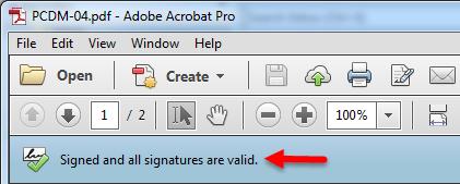 When opened, a PDF file containing digital signatures will attempt to verify those signatures and give its results in a bar at the top of the screen.