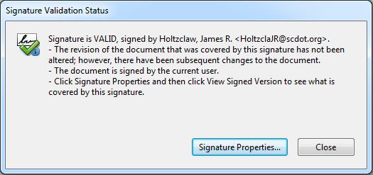 Documents whose signatures are not correct in some way will report that their signatures require validating.