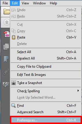7. Open Adobe Acrobat and select Edit -> Preferences.