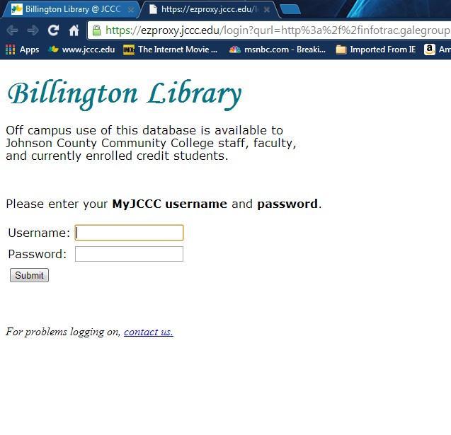 Step 3: Logging into the Database System At some point in this process, the JCCC library website will ask you for your Username and PIN.