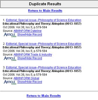The current de-duplication logic compares all of these fields in the title results: date, article title, ISSN, volume, issue, and publication title.