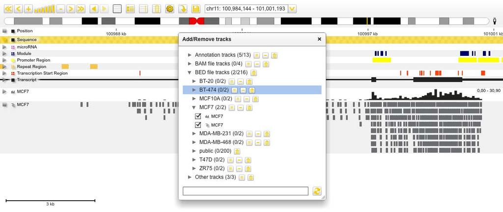 The Genome Browser window Data tracks All BED and BAM files stored in the project management for the currently selected project can be added to the user data section.