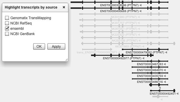 Customizing Genome Browser Transcript track Highlight transcripts by source Double-clicking the transcript track and selecting 'Highlight transcripts by source' opens a small window where you can