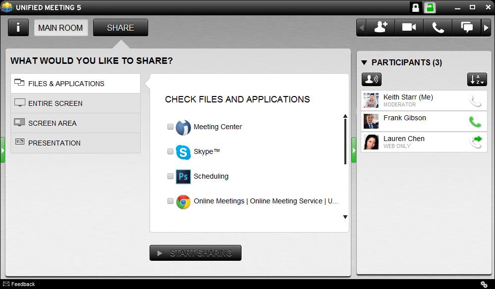 Share Visuals Share an Application or Entire Desktop Share and collaborate on files and applications with your participants directly from your desktop. 1.