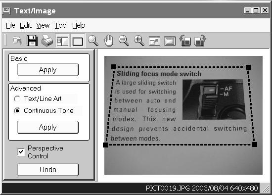 Text window Basic apply button Advanced apply button Perspective-control check box Undo button Menu bar Tool bar Rubber band Display area Perspective control straightens images of two-dimensional