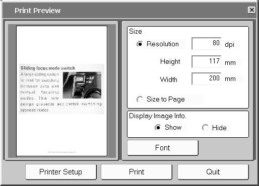 Size to page: The image is resized to fit to the paper size automatically. Image information can be shown or hidden using the display-image-information radio button.