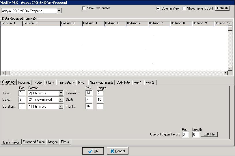 The Modify PBX Avaya IPO SMDRw/Prepend screen is displayed. Note that in a live customer environment, SMDR data may start appearing in the top portion of the screen.