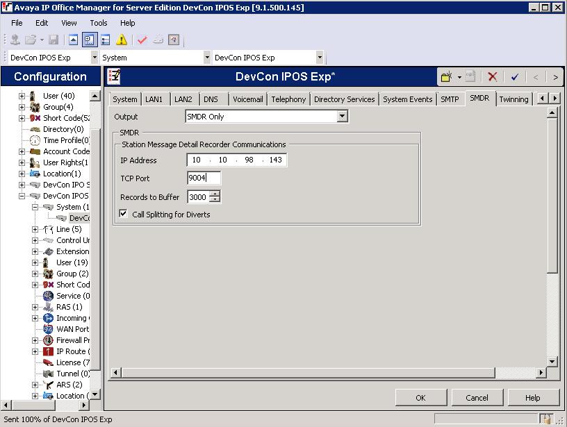 Navigate to DevCon IPOS Exp System (1) DevCon IPOS Exp to display the 500V2 expansion in the right pane. Select the SMDR tab.