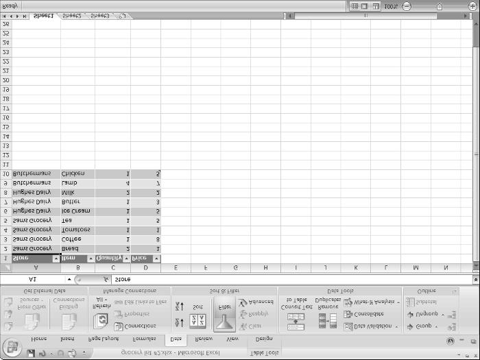22 Part I: Where s the Beef? Drop-down list boxes appear when you turn on AutoFiltering. Figure 1-11: How an Excel table looks after using AutoFilter.