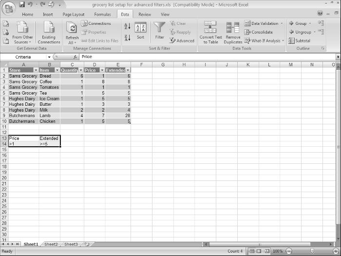 Chapter 1: Introducing Excel Tables 27 Figure 1-15: A table set up for advanced filters.