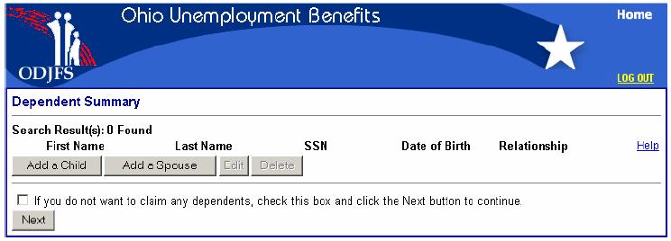 Dependent Summary From this screen you will either add a dependent child(ren) or a spouse by clicking on the appropriate button.