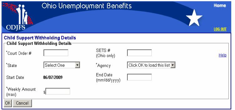 Child Support Withholding Details Enter the Court Order number and Ohio SETS number, if applicable. Use the drop-down menu to select the state and agency to which payments are issued.