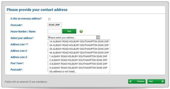Entering Your Address Details Once you have provided contact details, you will be asked to provide a contact address.