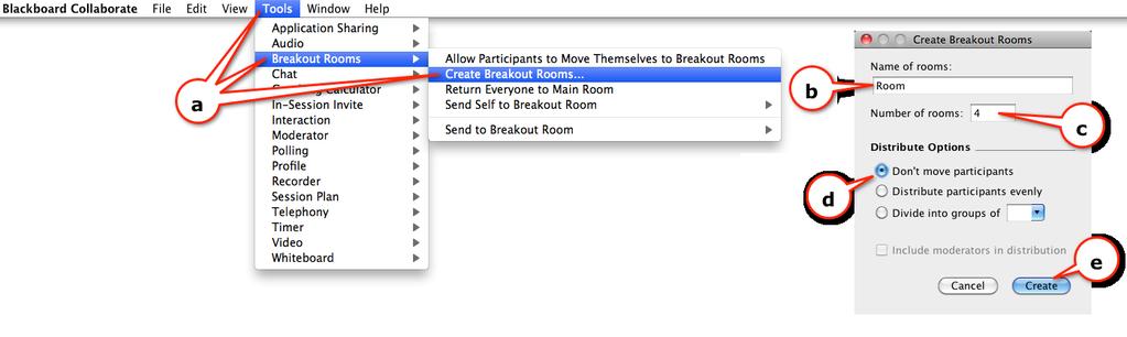 c) Enter the number of rooms that will be created. d) Select a Distribution Option. Select Don t move participants, if you want to manually move your students into the breakout rooms.